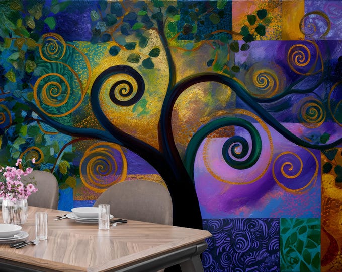 Whimsical Tree of Life Wallpaper – Klimt Ornamental Wall Mural for Living Room, Office or Studio | Peel and Stick or Paste Wall Décor