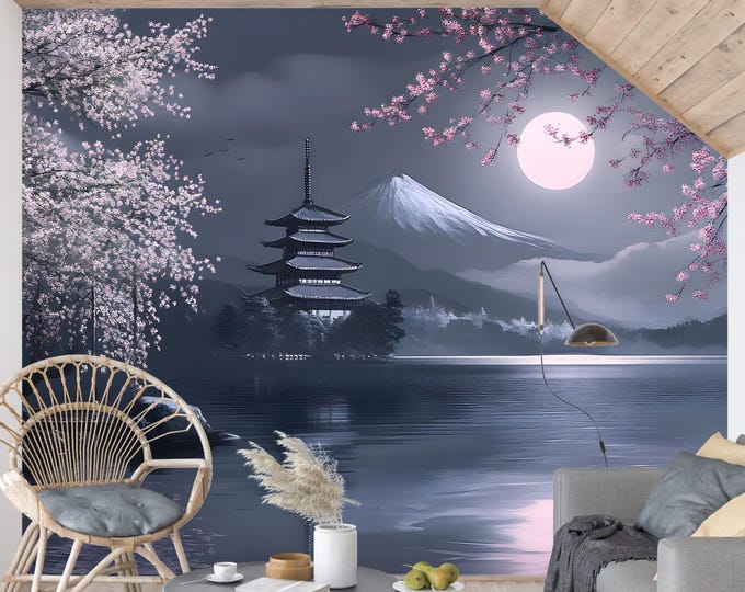 Serene Cherry Blossom Wallpaper – Japanese Zen Landscape with Moonlit Pagoda