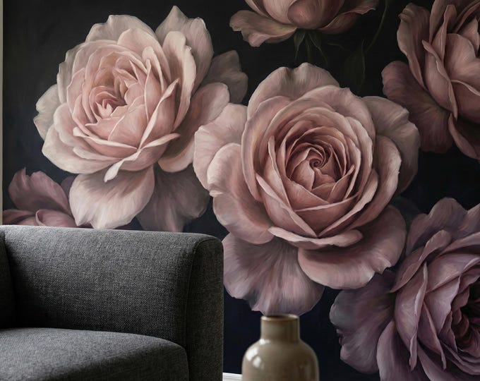 Dusty Rose Floral Wallpaper Mural Dark Romantic Peony Peel and Stick Wall Decal