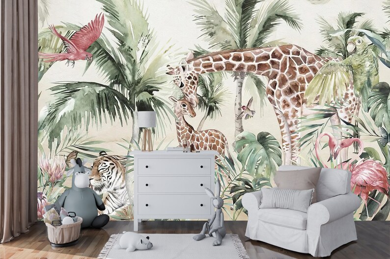 Jungle Wallpaper for child with Safari Wildlife animals Peel and Stick Wallpaper, Animals Wall Mural, Removable Wallpaper,Animated wallpaper image 6