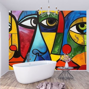 Picasso-inspired abstract faces on peel and stick wallpaper, offering a colorful and artistic update to your home decor.