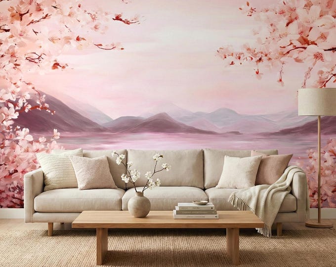 Cherry Blossom Lake Landscape • Pastel Sakura Mountains with Water Lilies Peel Stick Wall Mural