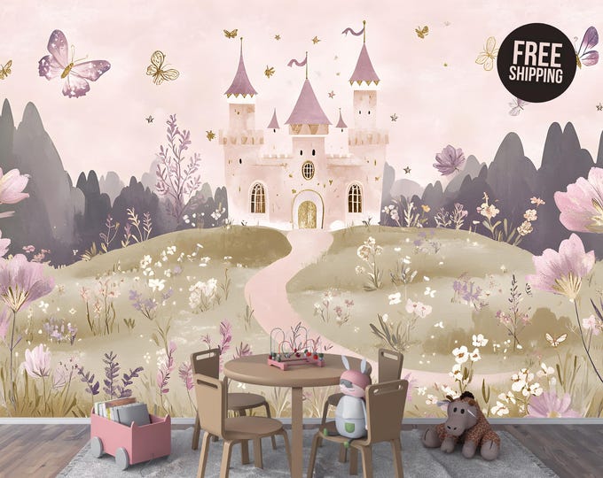 Nursery Fairy Tale Princess Pink Castle Wall Mural Wallpaper – Peel and Stick Wallpaper for Kids Room Décor or Nursery