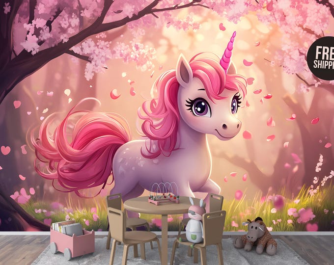 Cute Pink Unicorn Nursery Peel and Stick Wallpaper Mural - Unicorn Wall Decal for Kids' Room, Girls' Bedroom Fantasy Wall Art Decor