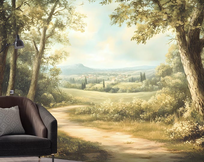 Rustic Tuscan Countryside Landscape Wallpaper - Scenic Forest Wall Mural for Bedroom, Living Room, Office, Cabin or Cottage Accent Wall