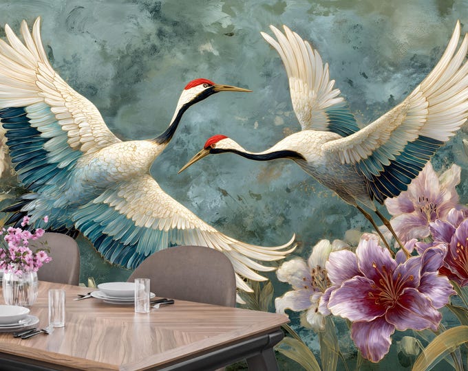 Elegant Crane Bird & Lily Floral Wallpaper Mural for Tranquil Interiors Peel and Stick or Prepasted Wallpaper