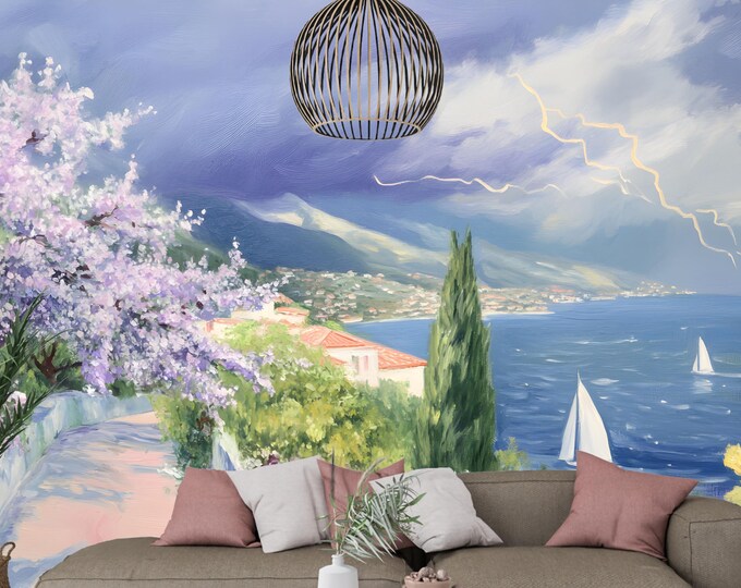 Mediterranean Coastal Wallpaper Mural – Seaside Landscape Blooming Trees and Sailboats Peel and Stick Wallpaper