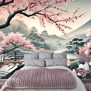Sakura Wandbild abziehen und aufkleben, japanische Gartenszene, abnehmbare selbstklebende Leinwand, waschbares Dekor