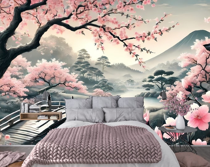 Sakura Wall Mural Peel and Stick Wallpaper, Japanese Garden Scene, Removable Self-Adhesive Canvas Wall Art, Washable Decor