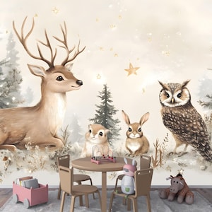Carta da parati murale con animali del bosco - Accogliente foresta di cervi, gufi e conigli per asili nido, camerette per bambini o pareti decorative - Stacca e attacca o preincolla