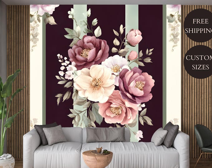 Vintage Striped Burgundy and Sage Peony Floral Wallpaper Mural - Removable Peel and Stick, Flower Design for Bedroom or Living Room Walls