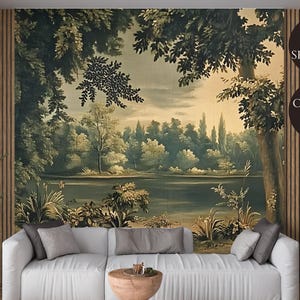 Decalcomania murale con carta da parati staccabile e adesiva con paesaggio forestale verde scuro – Carta da parati con paesaggio boschivo antico francese – Moody Garden Country Painting