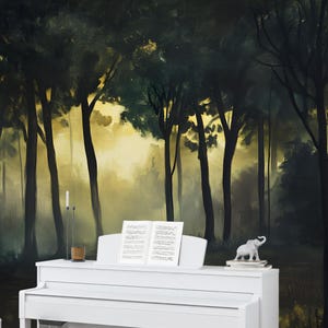 Moody Foggy Woodland Forest Oil Painting Wallpaper Mural, Peel and Stick Nature Mural for Bedroom or Reading Nook