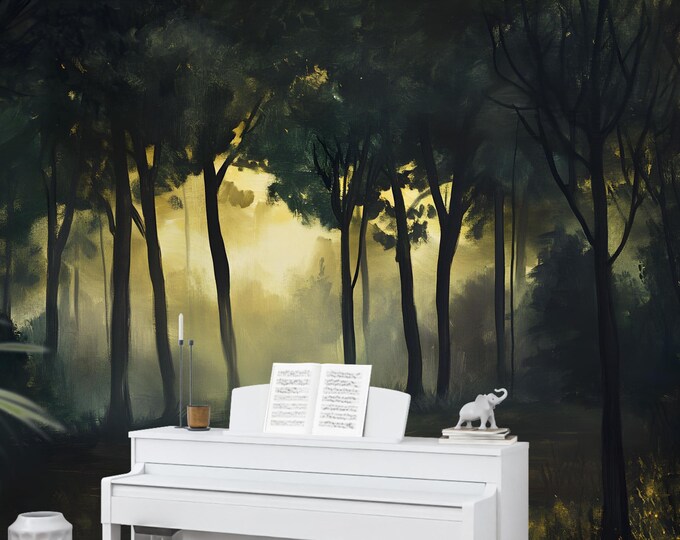 Moody Foggy Woodland Forest Oil Painting Wallpaper Mural, Peel and Stick Nature Mural for Bedroom or Reading Nook