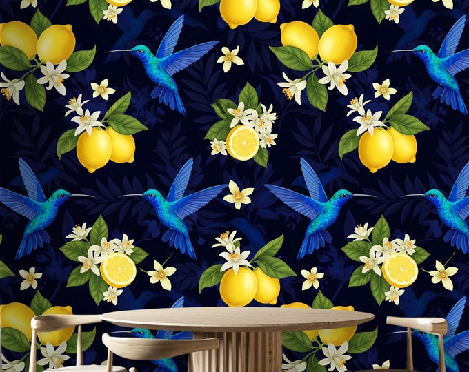 Lemon Hummingbird Wallpaper: Tropical Botanical Peel and Stick Mural
