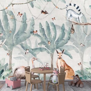 Carta da parati murale con animali della giungla - Arte murale a tema safari per camerette, sale giochi e asili nido - Opzione stacca e attacca o preincollata
