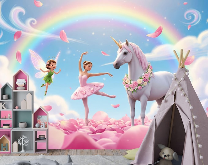 Magical Unicorn and Fairy Wallpaper Mural | Rainbow Ballet Wall Decor for Girl’s Room | Whimsical Nursery Peel and Stick Wallpaper