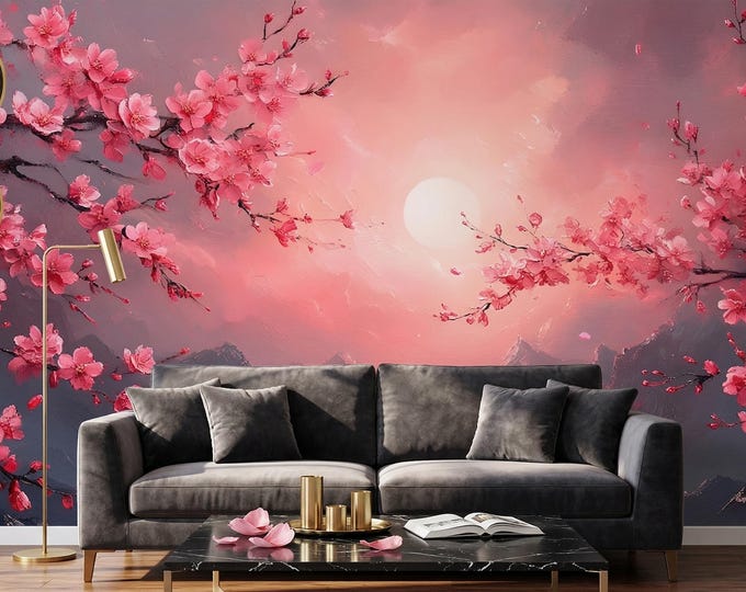 Cherry Blossom Mountain Sunset Oil Painting Wallpaper Mural, Pink Peel and Stick