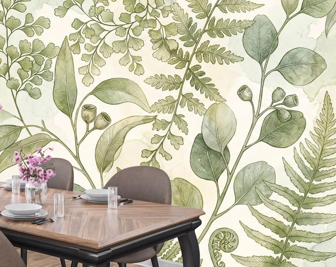 Botanical Fern Wallpaper – Sage Green Watercolor Peel and Stick Mural