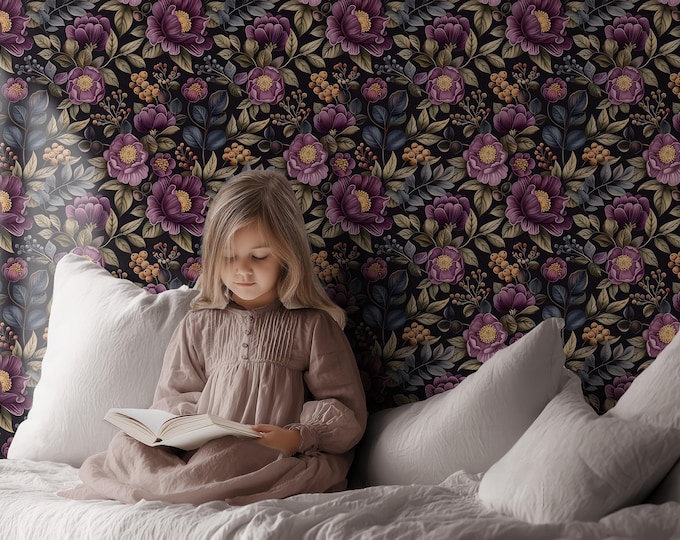 Deep Plum Floral Wallpaper – Moody Vintage Botanical Wall Mural | Dark Peel and Stick or Paste Decor for Bedroom, Lounge & Boutique Spaces