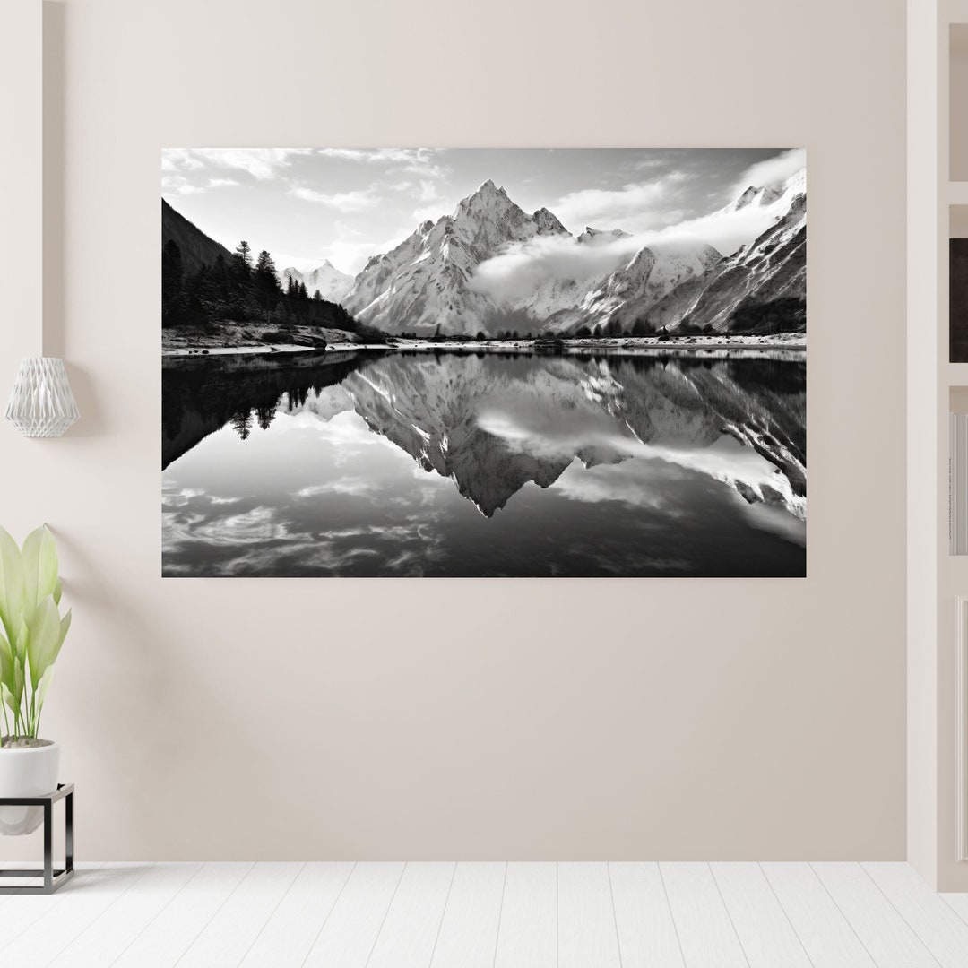Minimalist Mountain Lake Canvas Print: Black and White Landscape Wall ...