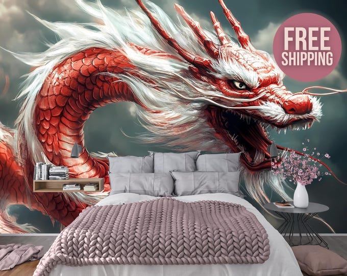 Chinese Fantasy Red Dragon Peel and Stick Wallpaper Mural Decal - Vinyl, Canvas, Prepasted Wallpaper for Bedrooms, Living Rooms, and Gaming