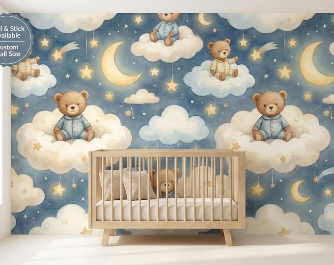 Teddy Bear Nursery Wallpaper Peel and Stick, Blue Night Sky Seamless Baby Room Wall
