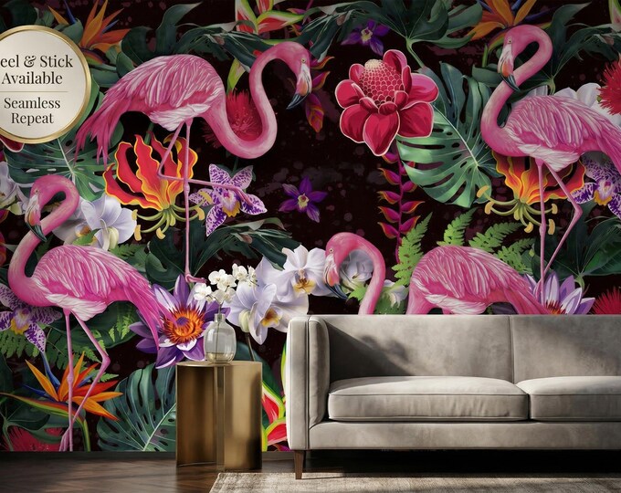 Exotic Pink Flamingo Jungle Wallpaper: Peel & Stick Tropical Mural for Maximalist Dark Botanical Decor