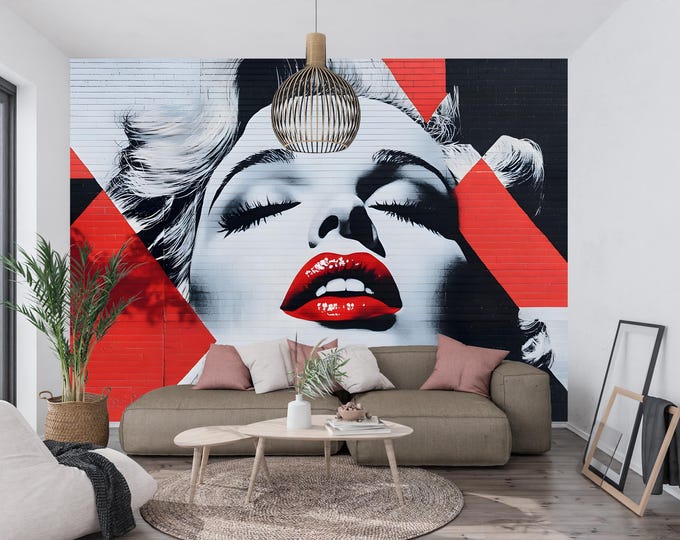Vintage Black and White Red Lips Pop Art Wall Mural Wallpaper Decal – Peel and Stick Wallpaper for Modern Interiors