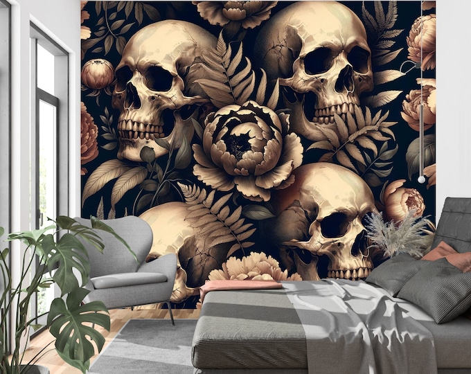 Dark Gothic Skull and Peony Wallpaper - Moody Modern Peel and Stick Tile Wallpaper