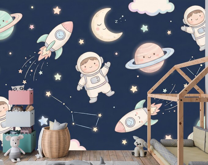 Space Nursery Wallpaper, Peel and Stick Astronaut, Planets, Rockets, Kids Room Decor, Removable Mural