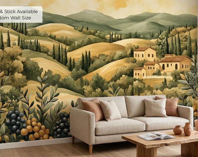 Tuscan Landscape Wall Mural Peel and Stick, Italian Countryside Wallpaper, Olive Vineyard Decor