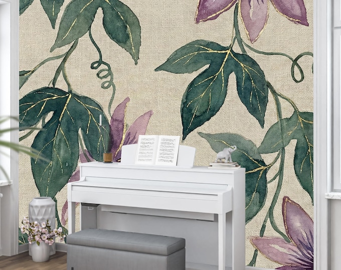 Watercolor Passionflower Wallpaper Mural, Vintage Purple Floral with Gold Accents, Botanical Wall Decor