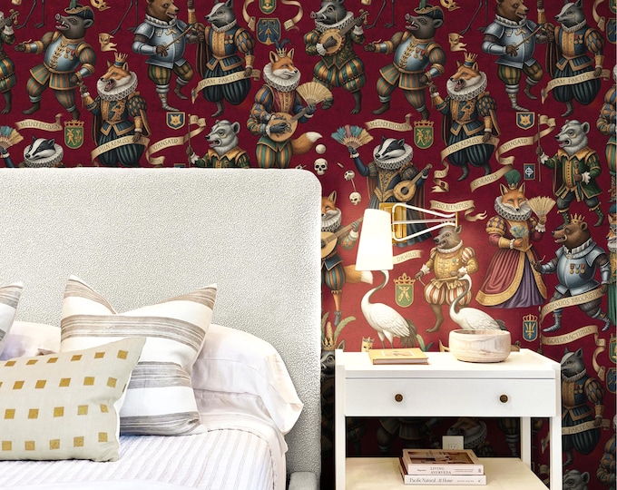 Weird Medieval Wallpaper, Dark Academia Wallpaper, Maximalist Animal Pattern, Moody Whimsical Fox & Badger Removable Wall Mural for Library