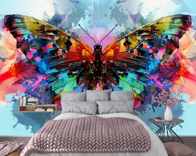 Colorful Butterfly Mid Century Modern Wallpaper Mural Decal - Peel and Stick Removable Wallpaper