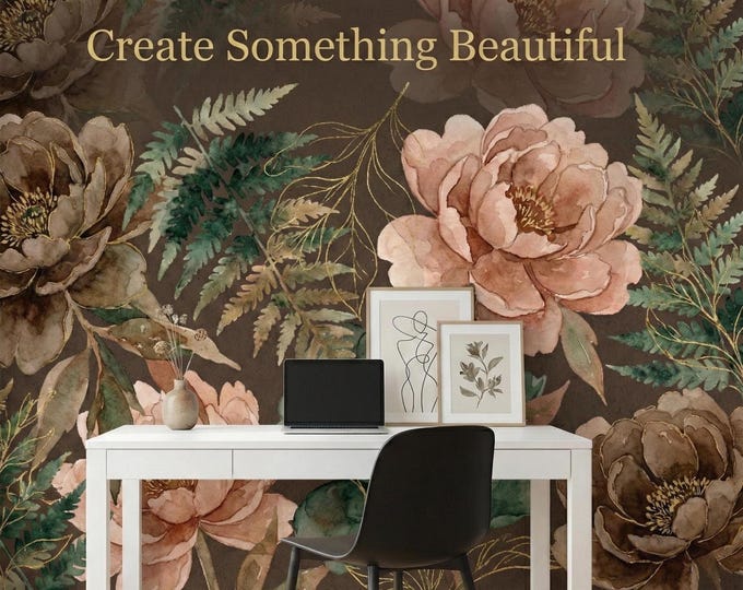 Dark Floral Wallpaper Moody Vintage Peony Mural Earth Tone Peel and Stick Decor