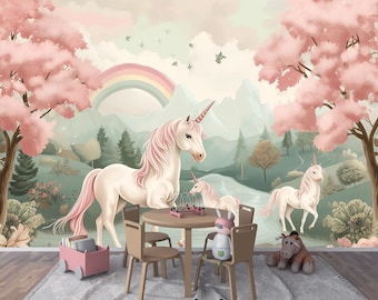 Pastel Unicorn Nursery Wallpaper: Removable Rainbow Wall Decal