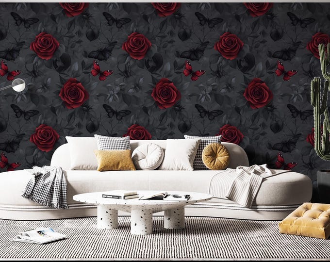 Gothic Wallpaper with Red Roses & Moths, Dark Romance Peel and Stick Mural, Moody Victorian Goth Decor, Black and Red Accent Wall