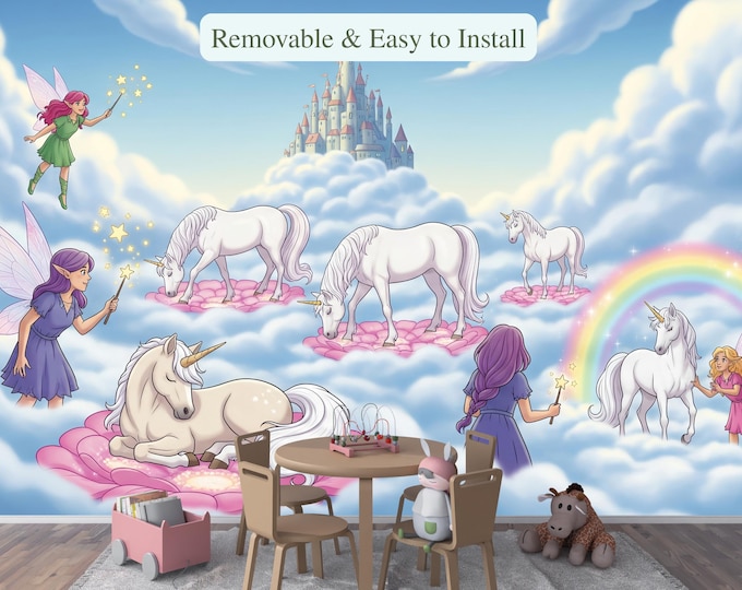 Fairytale Castle Wallpaper: Unicorn & Magical Creatures Nursery Mural