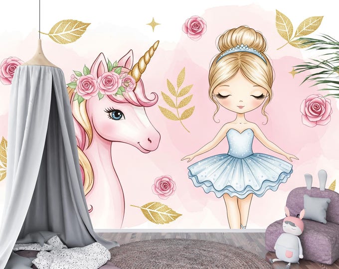 Ballerina and Unicorn Wallpaper, Pink Girls Room Decor, Peel and Stick Mural with Gold Glitter, Princess Nursery Watercolor Wall Art