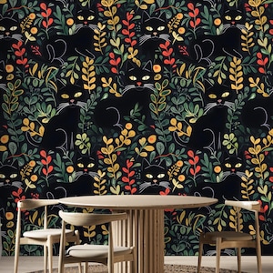 Carta da parati con gatto nero stravagante - Carta da parati botanica da staccare e attaccare o incollare / Decorazione murale in stile cottagecore scuro per gli amanti dei gatti e per interni accoglienti