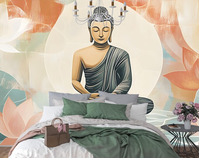 Zen Buddha Wallpaper Mural | Calming Meditation Room Decor | Pastel Lotus Floral Art | Mindfulness Interior Design