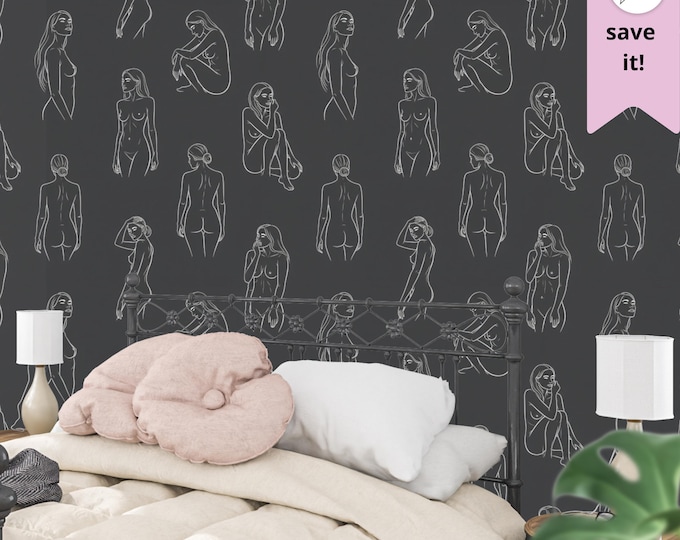 Minimalist Nude Line Art Mural | Modern Black & White Female Figure Wallpaper | Abstract Body Art Wall Decor | Contemporary Bedroom Accent