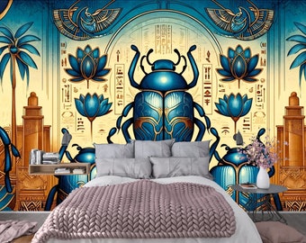 Mystic Scarab Majesty: Ancient Egyptian Art Peel and Stick Wallpaper ideal for modern interior design