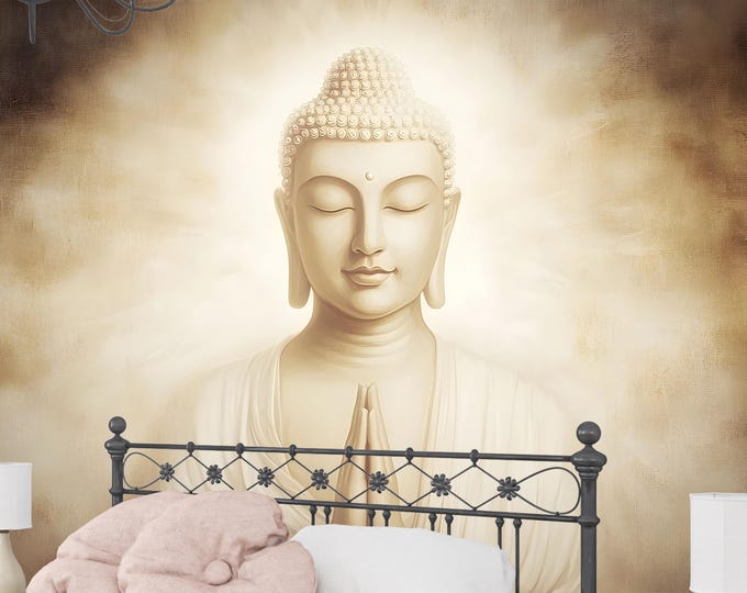 Buddha Wall Mural – Spiritual Zen Peel and Stick or Paste Wallpaper | Calming Neutral Meditation Room Decor | Fine Art Sacred Wallcovering