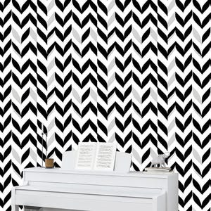 Carta da parati murale moderna con motivo a foglie in bianco e nero – Carta da parati geometrica minimalista, design scandinavo