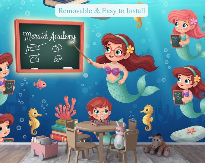 Underwater Mermaid Academy Nursery Wallpaper: Educational Ocean Peel & Stick Mural for Kids Room Decor