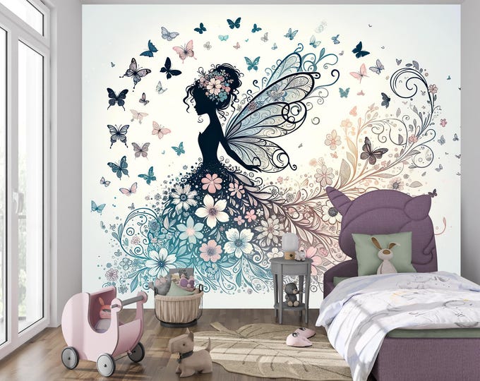 Fairy Silhouette Wallpaper Mural with Blossoms and Butterflies - Peel and Stick for Girls' Rooms, Nurseries, and Whimsical Accent Walls