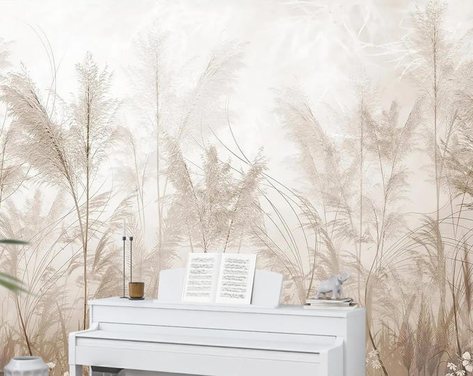 Pampas Grass Wallpaper – Neutral Beige Grass Wall Mural – Soft Botanical Boho Minimalist Nature Wallpaper – Peel and Stick or Traditional