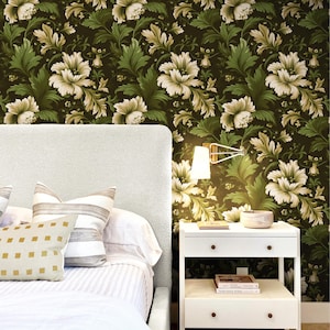 Moody Dark Green Floral Wallpaper – Vintage Botanical Peel and Stick or Paste Mural | Cottagecore Wall Decor for Living Room & Bedroom